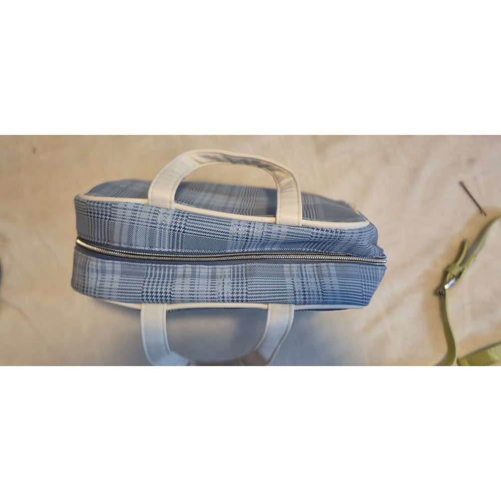 Joan & David Blue Plaid Tote Bag Vinyl Check Pattern Handbag - Picture 2 of 6